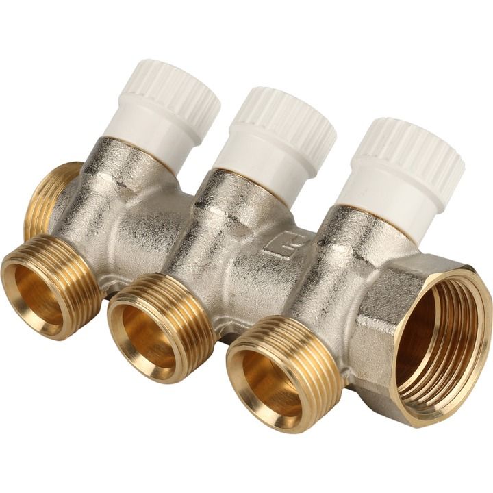 Коллектор с вентильными вставками НВ 1" 3х3/4", STOUT