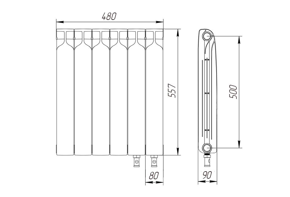 Радиатор биметаллический 500/90 (190 Вт)  7 секций нижнее подключение справа Teplopribor