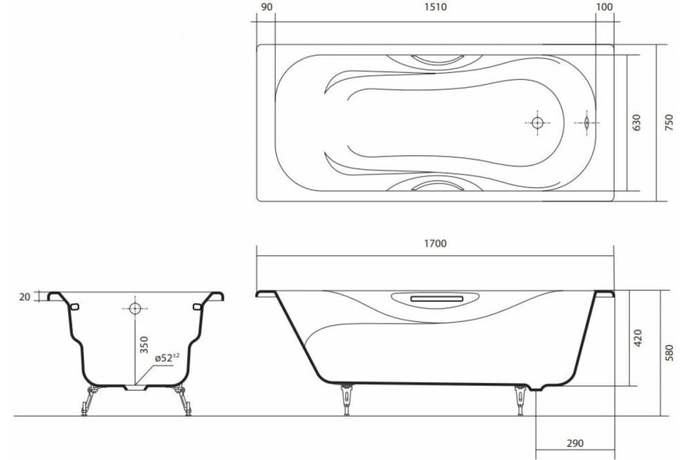Ванна чугунная эмалированная ГАММА 1700x750x420 в комплекте с 4-мя ножками и 2-мя ручками AQUATEK