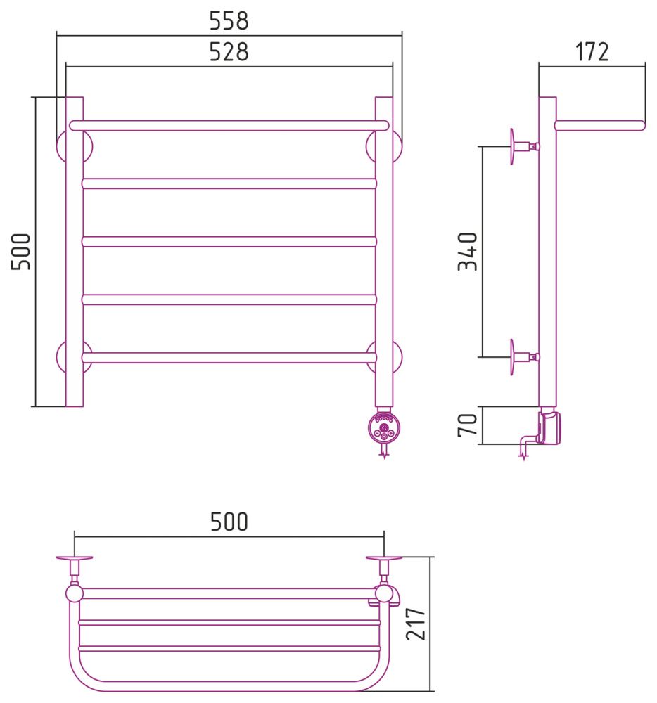 Полотенцесушитель электрический №20 ТП, 500х500 (Полка + 4) П16, Стилье