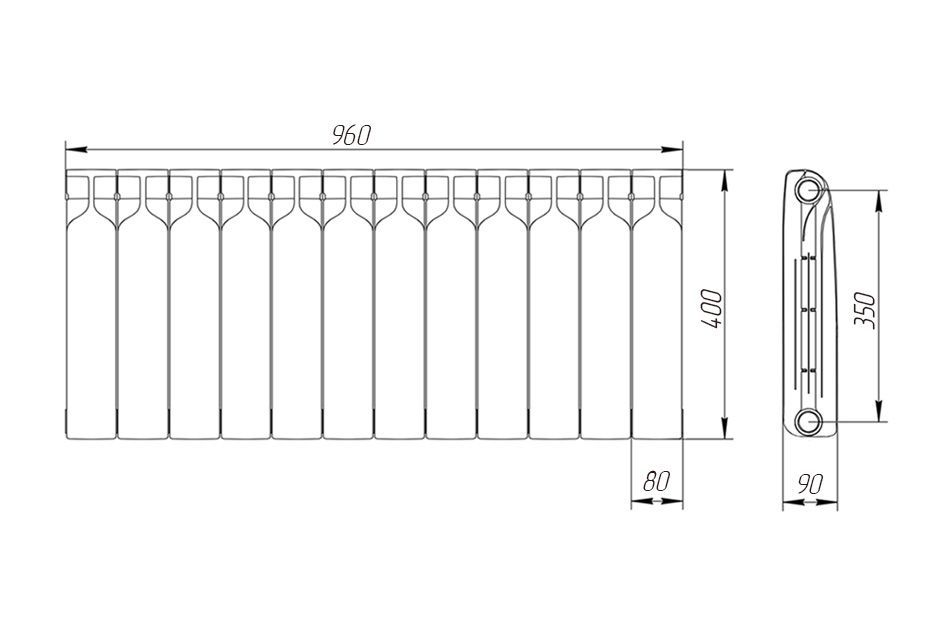 Радиатор биметаллический 350/90 мм 12 секций Теплоприбор