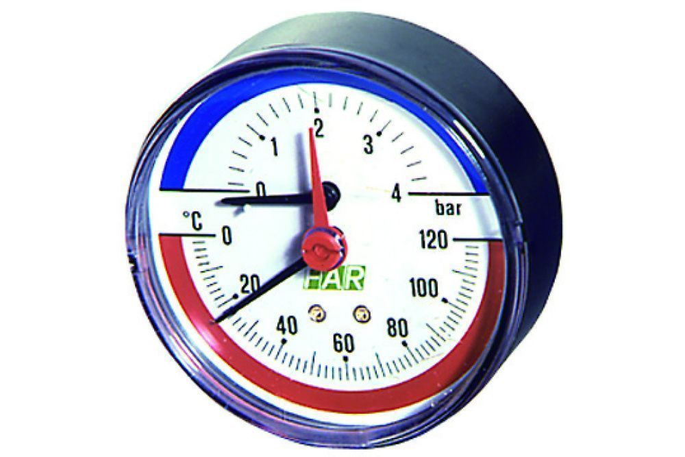 Термоманометр 0-10 бар, 0-120 °C, 80 мм, торцевое соединение 1/2" FAR