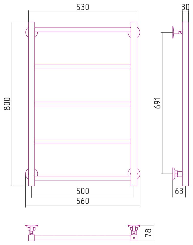 Полотенцесушитель водяной "Версия - КН" 800х500 (4 перекладины) П 20х20, нержавеющая сталь, Стилье