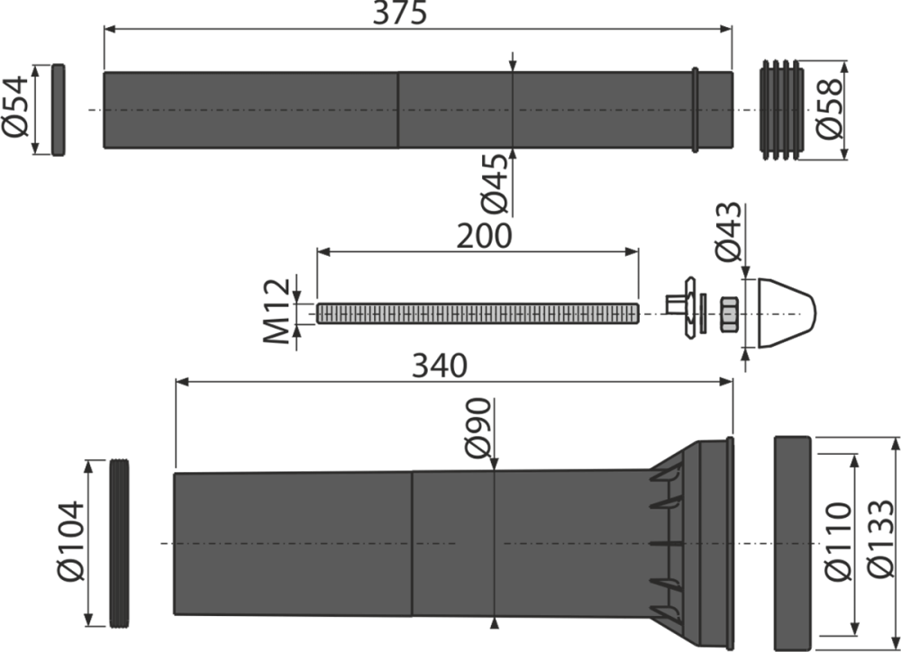 Комплект дополнительных принадлежностей для инсталяций, удлинённый, DN 90мм, Alca Plast
