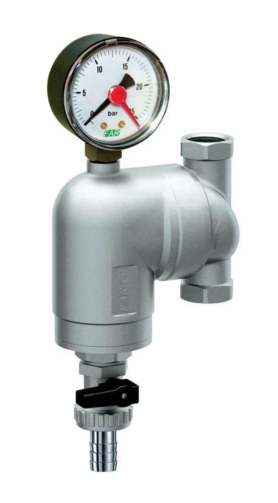 Фильтр сетчатый поворотное соединение 1/2" ВР, с манометром, 100мкм, Tmax=95 С, Pmax=25 бар FAR