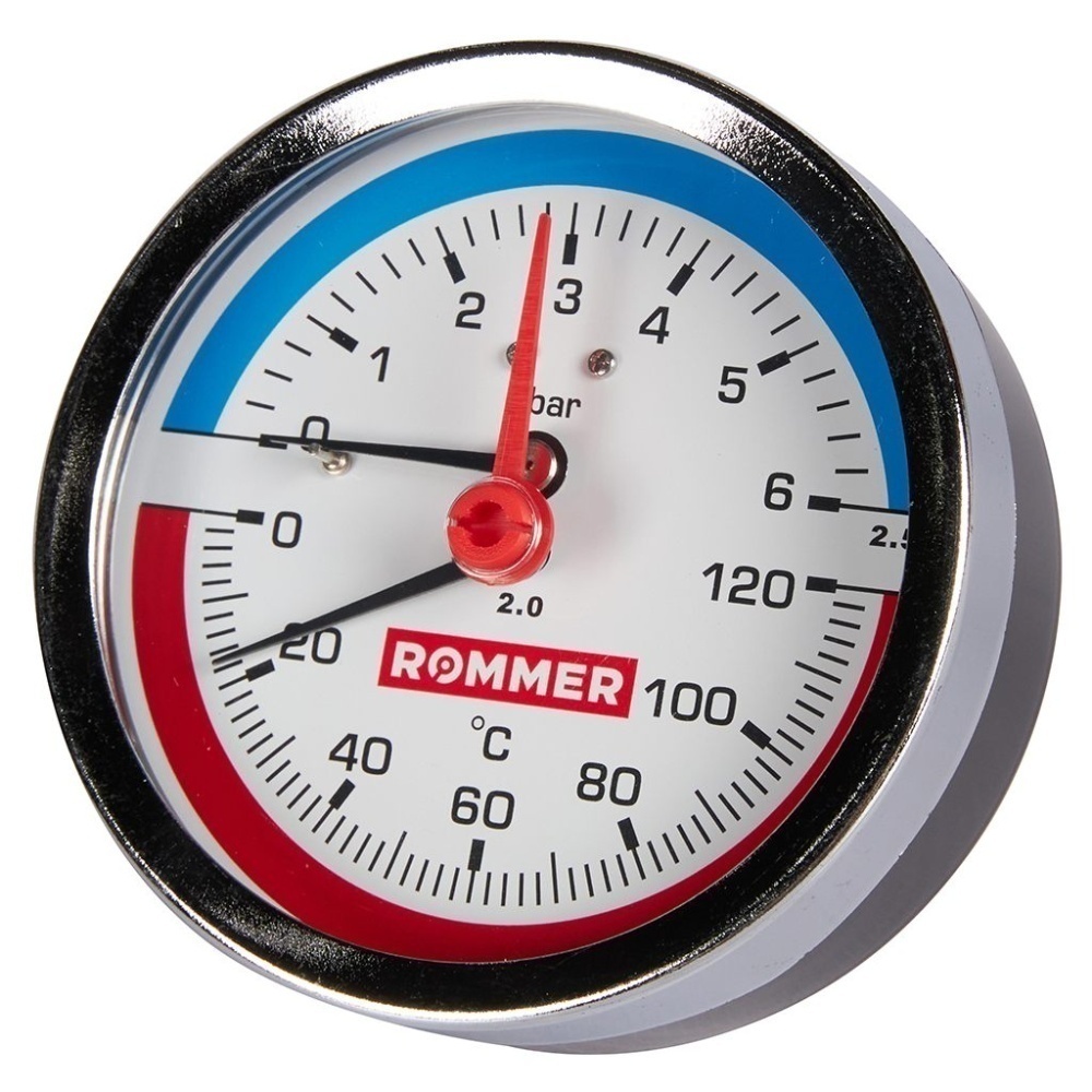 Термоманометр аксиальный, Dn 80 мм 1/2, 0...120°C, 0-6 бар. ROMMER