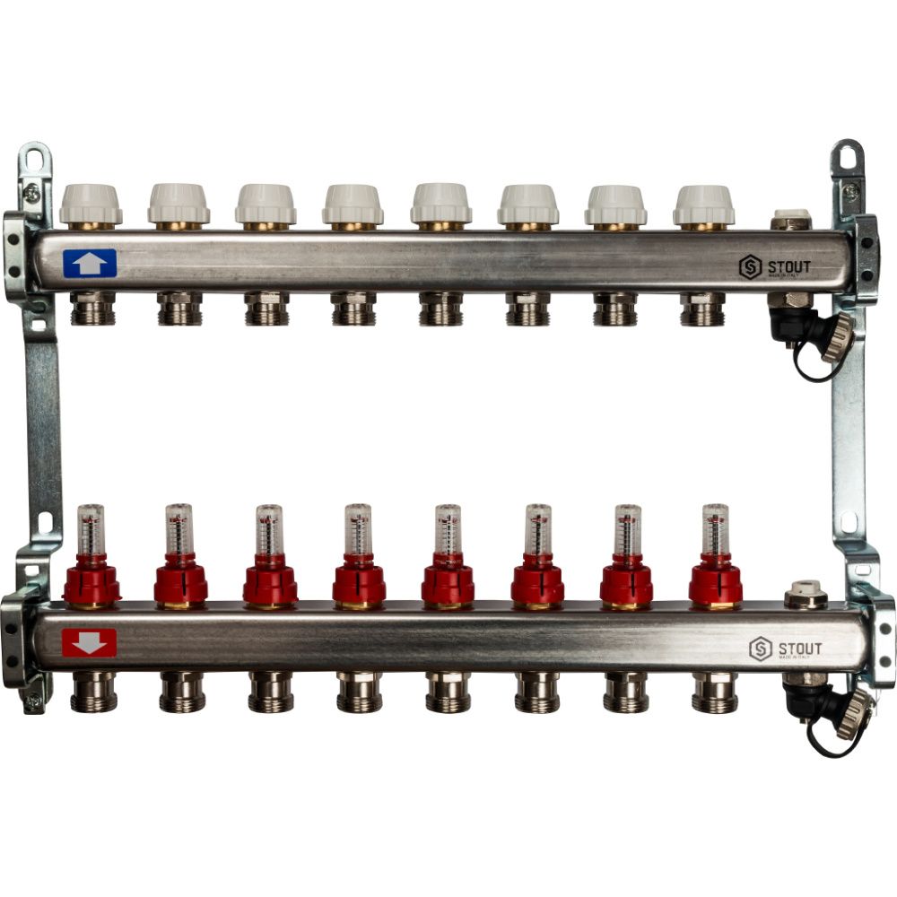 Коллектор  8 вых с расходомерами (сливные краны, воздухоотводчик, без заглушек) Stout