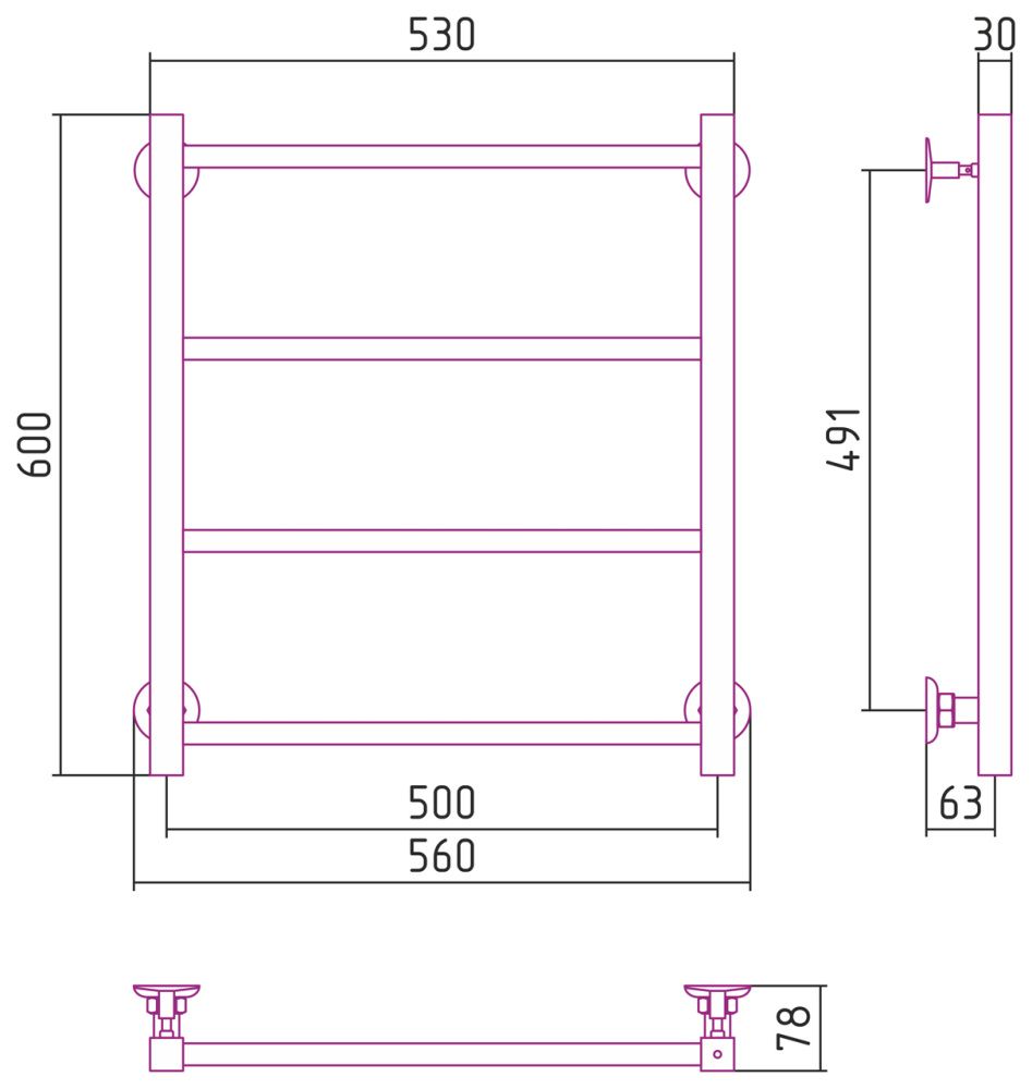 Полотенцесушитель "Версия - КН" 600х500 (4 перекладины) П 20х20, нержавеющая сталь, полировка, Стилье