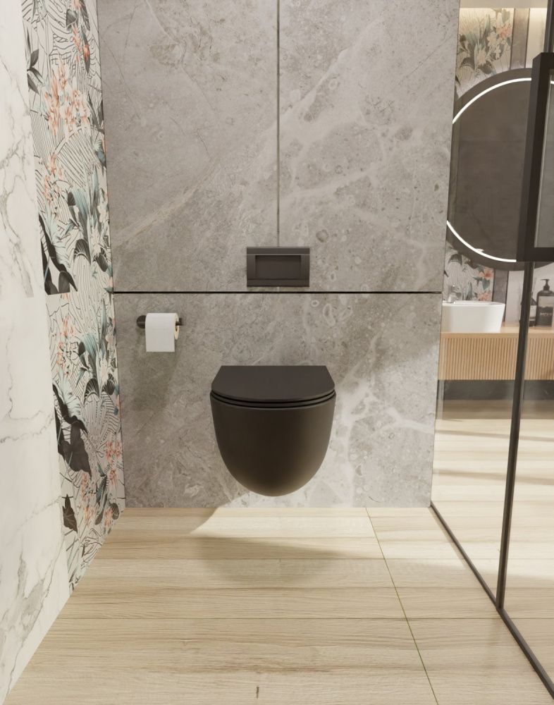 Унитаз подвесной с сиденьем SoftClose, технология смыва Rimless, скрытый крепеж, Черный мат AQM2001