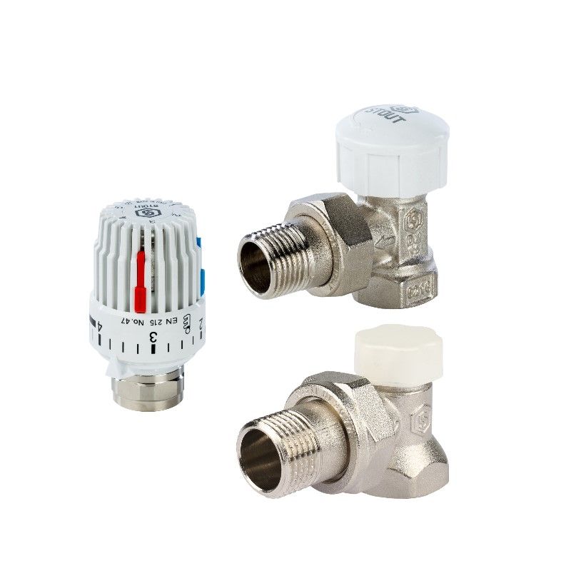 Комплект: вентиль т/с угловой 15,  вентиль запорный угловой 15, термостат газовый М30х1,5 STOUT