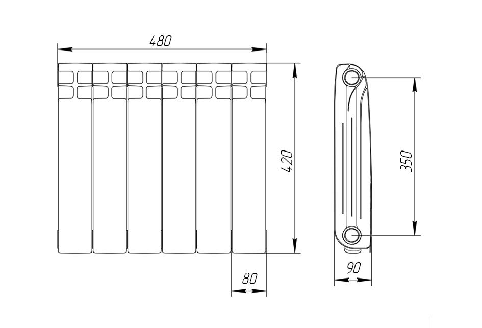 Радиатор алюминиевый 350/90 мм 6 секций Теплоприбор