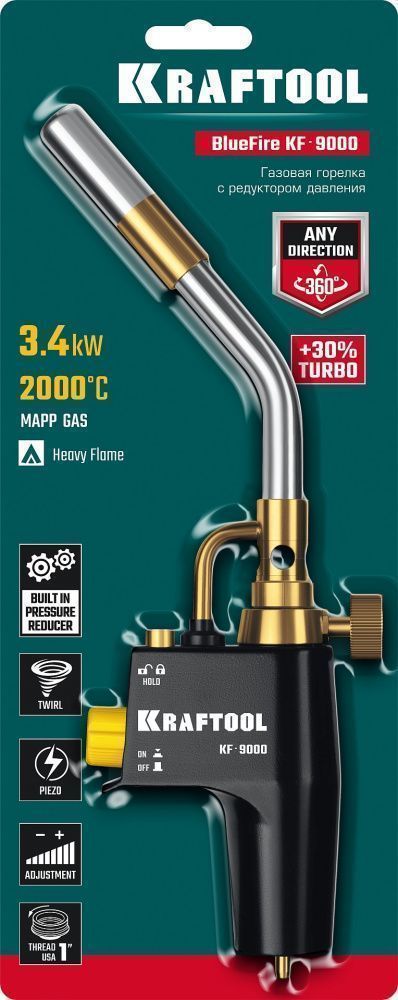 Горелка газовая KF-9000 с пьезоподжигом, турбо нагрев + 30% 2000°С, Blue Fire Kraftool