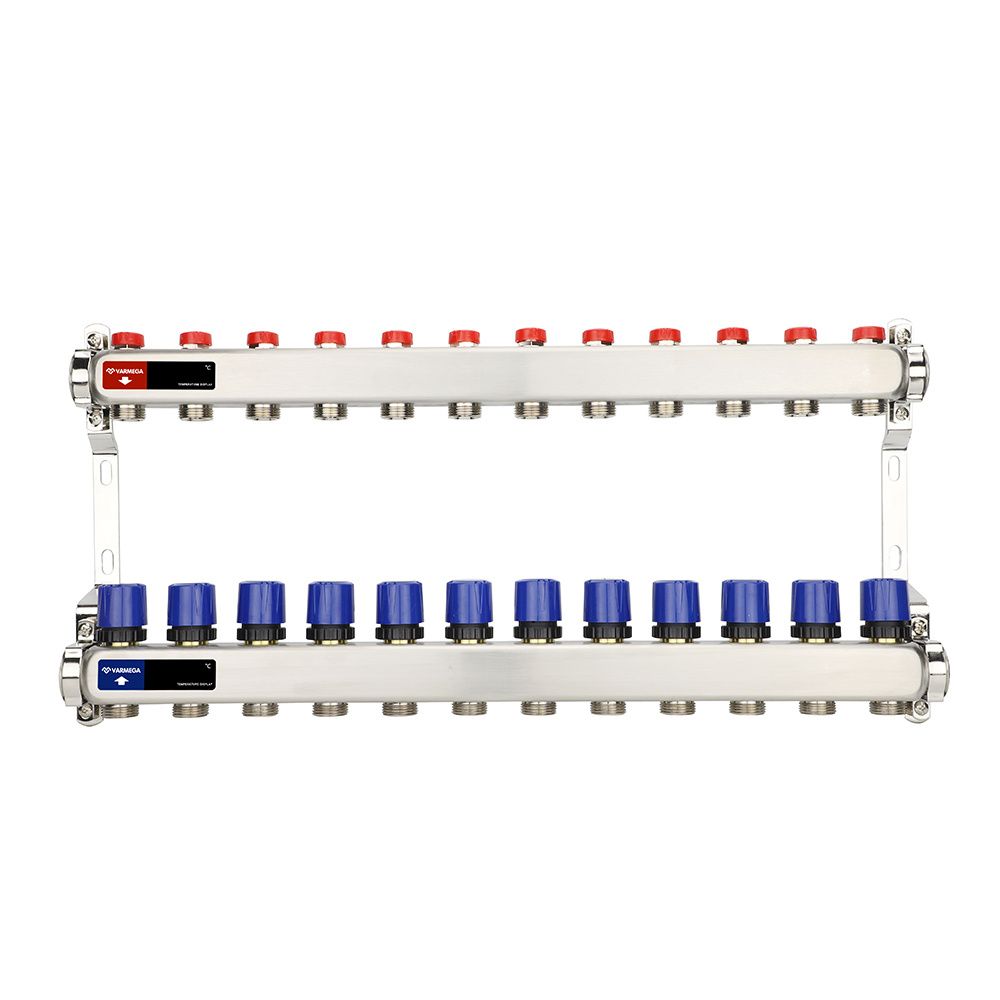 Коллектор с регулирующими и балансировочными клапанами 12 выхода (ВР1", 3/4" EK), нерж сталь Varmega