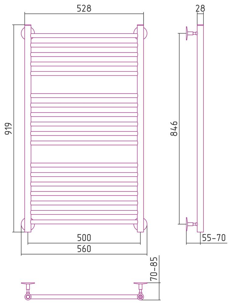 Полотенцесушитель Универсал-53 1000х500, нерж. ст., полировка Стилье