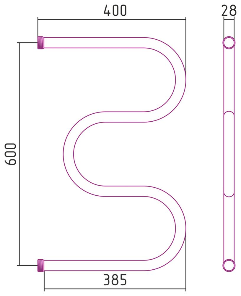 Полотенцесушитель М-образный 600х400 G 1" без кронштейна нерж. ст., полировка Стилье