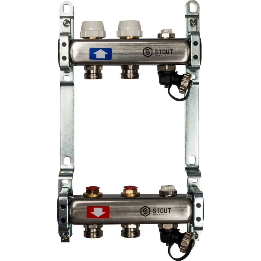 Коллектор  2 вых с вент. вставками (сливные краны, воздухоотводчик, без заглушек) Stout
