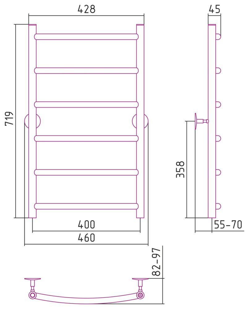Полотенцесушитель Универсал-50 800х400, нерж. ст., полировка Стилье