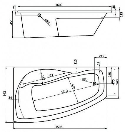 Ванна МАЙОРКА ассиметричная XL 160*95, Белая, Лев. Santek