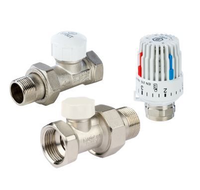 Комплект: вентиль т/с прямой 15,  вентиль запорный прямой 15, термостат газовый М30х1,5 STOUT