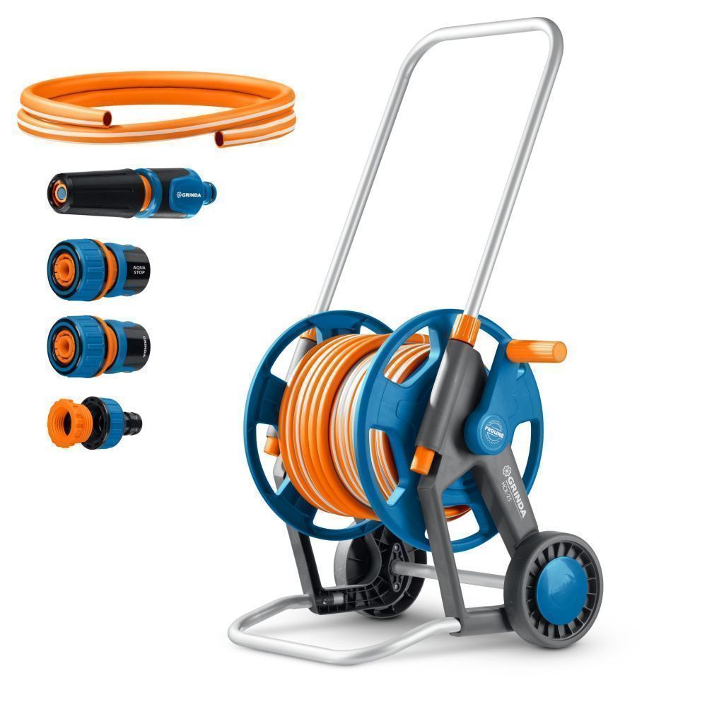 Набор поливочный 4 предмета, усиленные колеса, телескопическая ручка, катушка со шлангом GRINDA