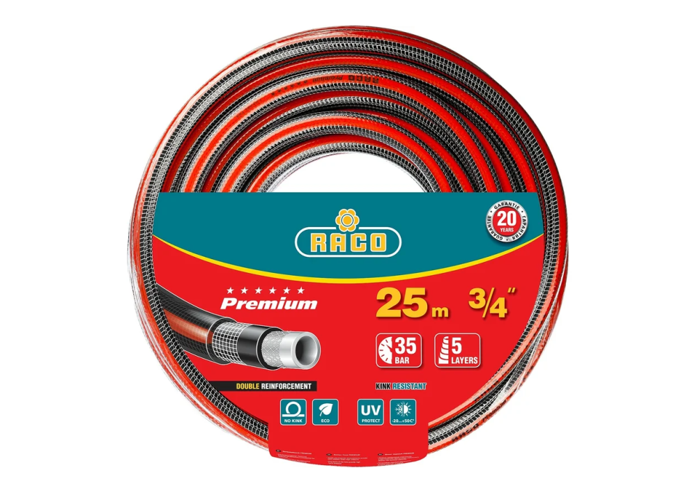 Шланг поливочный пятислойный, усиленный двумя слоями армирования, RACO PREMIUM, 3/4", 25 м, 35 атм
