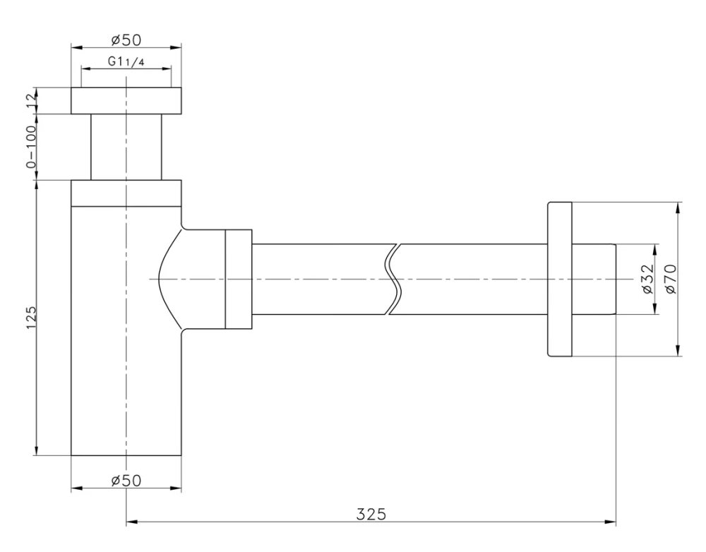 Сифон латунный 11/4 отвод 300 мм, черный матовый, RAGLO