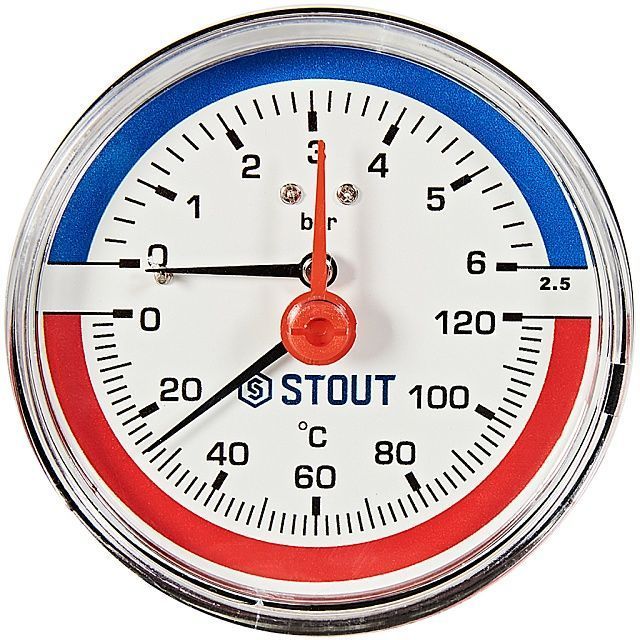 Термоманометр аксиальный (0...120°C, 0-6 бар), Dn 80 мм 1/2, STOUT