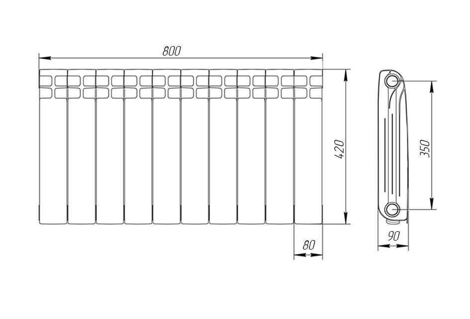 Радиатор алюминиевый 350/90 мм 10 секций Теплоприбор