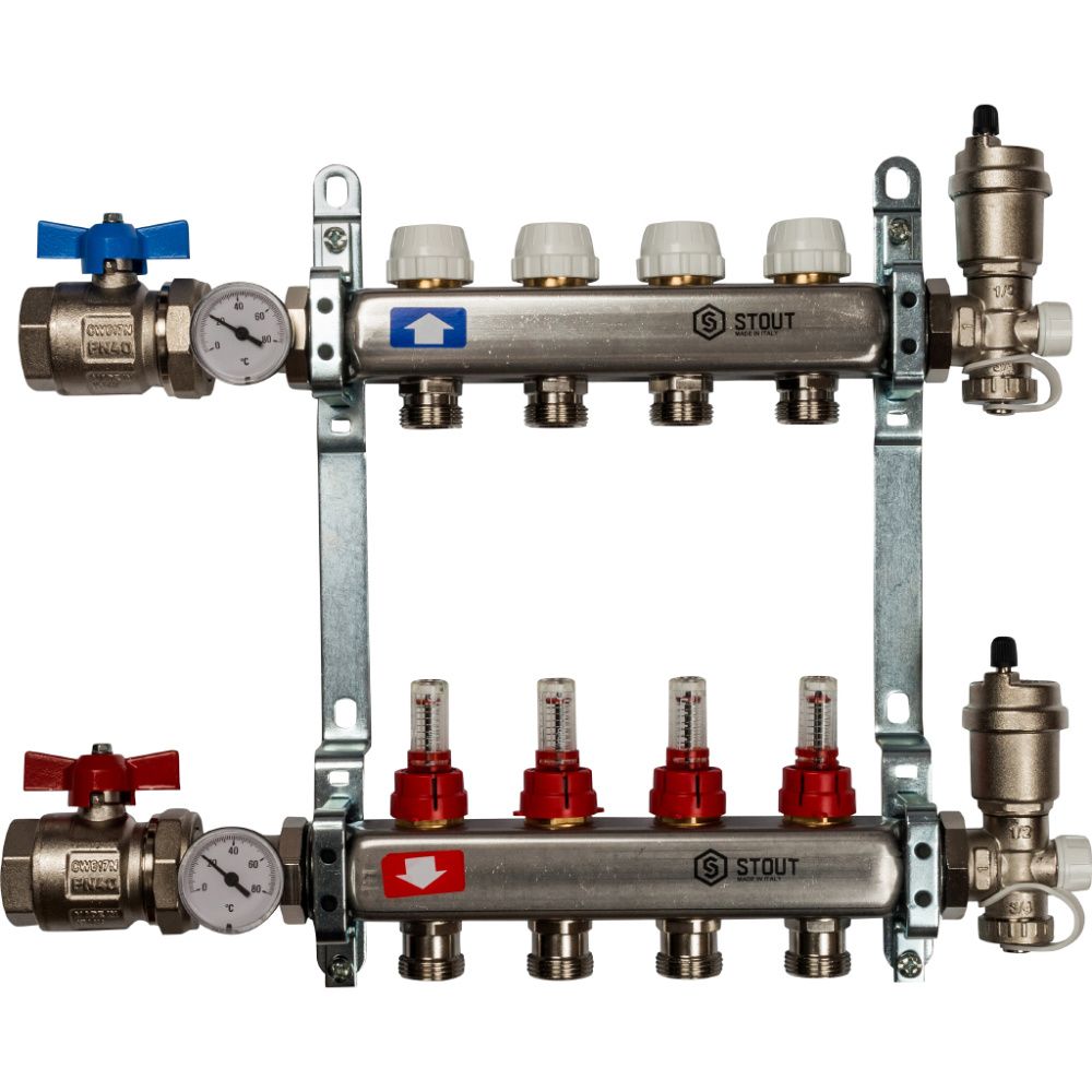 Коллектор в комплекте (краны и авт. воздухоотводчики)  4 вых с расходомерами Stout