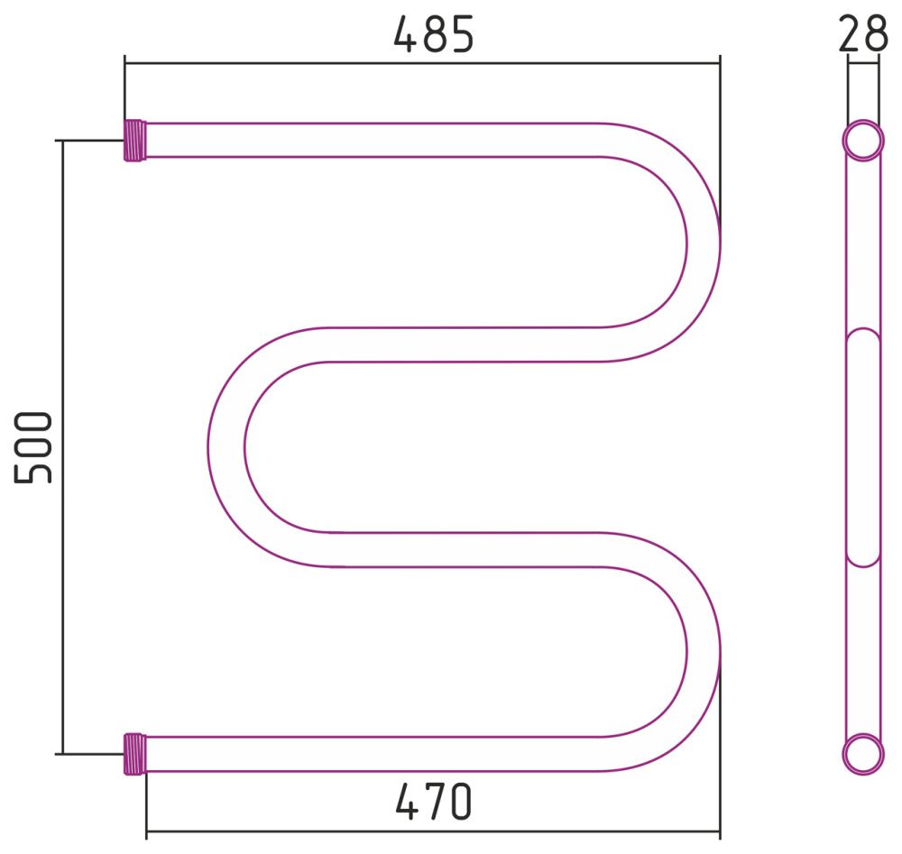 Полотенцесушитель М-образный 500х500, G 1" без кронштейна нерж. ст., полировка Стилье