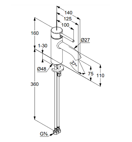 Смеситель для раковины однорычажный без донного клапана,75 мм, 5 л/мин, KLUDI BOZZ, хром
