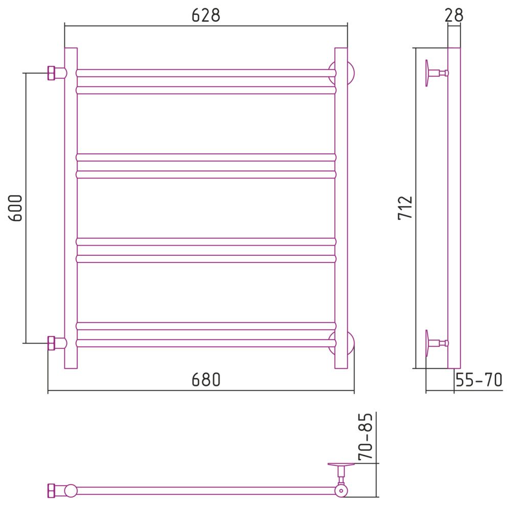 Полотенцесушитель "Версия - Б1" 60х60 см (2+2+2+2 перекладин) П 16, нержавеющая сталь, полировка, Стилье