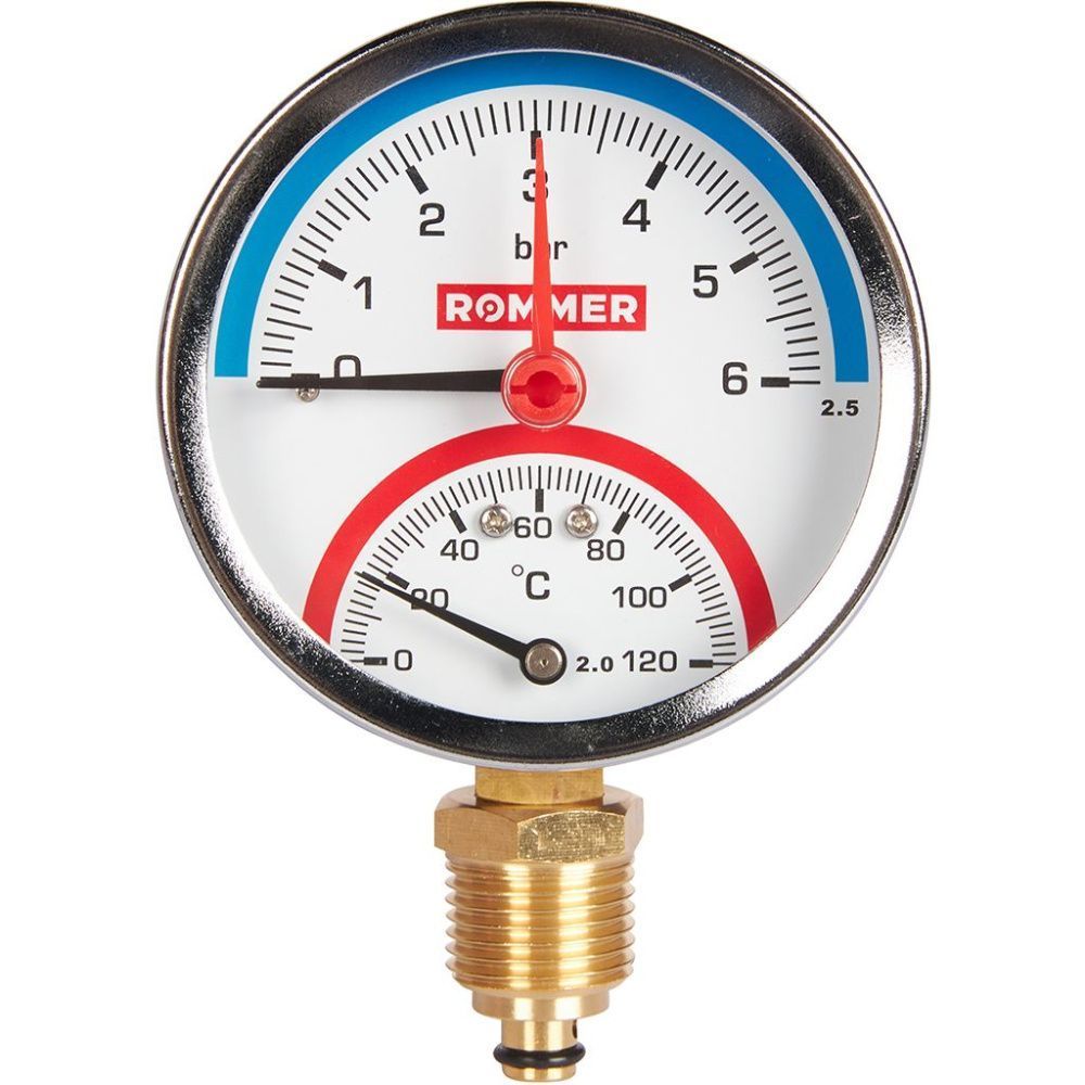 Термоманометр радиальный, Dn 80 мм 1/2 , 0...120°C, 0-6 бар, ROMMER