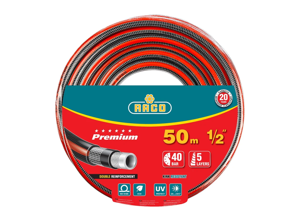 Шланг поливочный пятислойный, усиленный двумя слоями армирования, RACO PREMIUM, 1/2", 50 м, 40 атм