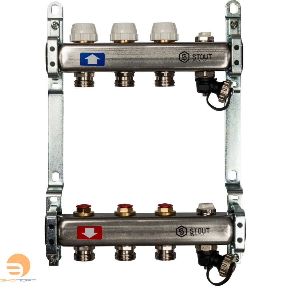 Коллектор  3 вых с вент. вставками (сливные краны, воздухоотводчик, без заглушек) Stout