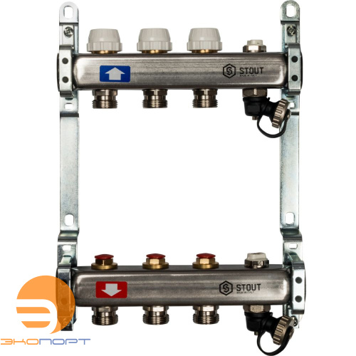 Коллектор  3 вых с вент. вставками (сливные краны, воздухоотводчик, без заглушек) Stout