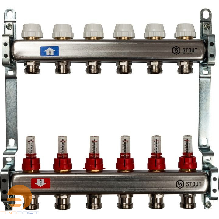 Коллектор  6 вых с расходомерами (без сливных кранов, без воздухоотводчиков, без заглушек) Stout