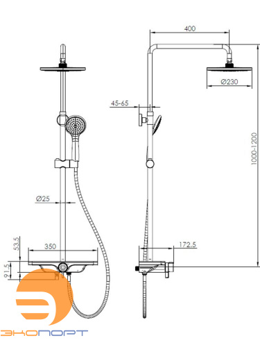 Система душевая с изливом, тропический душ 230мм, белый, AQM