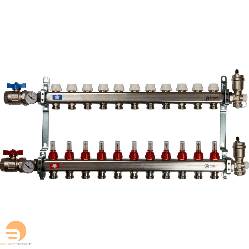 Коллектор в комплекте (краны и авт. воздухоотводчики) 11 вых с расходомерами Stout