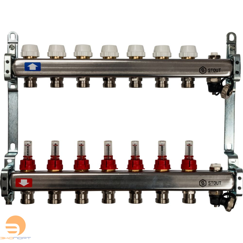 Коллектор  7 вых с расходомерами (сливные краны, воздухоотводчик, без заглушек) Stout