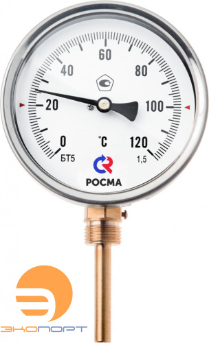 Термометр биметаллический коррозионностойкий БТ-52.220, 100мм (0...+160С) G1/2", L100, кл.т.1,5, нержавеющая сталь, радиальный