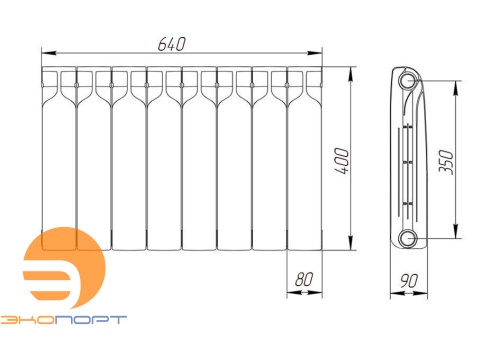 Радиатор биметаллический BR1 350/90 мм 8 секций Теплоприбор