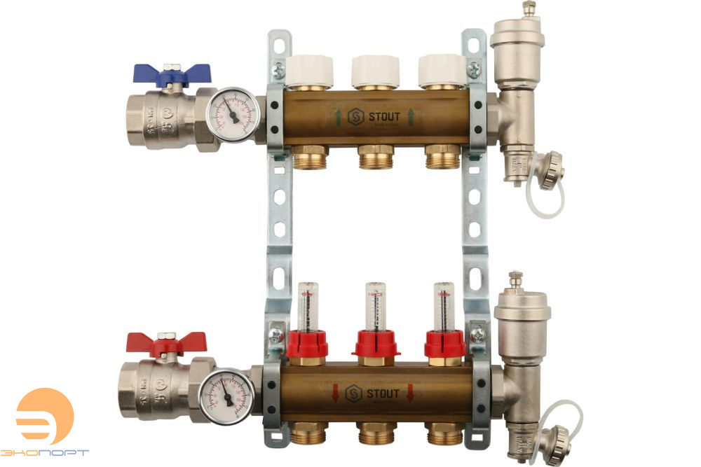 Распределительный коллектор из латуни с расходомерами 3 вых. Stout