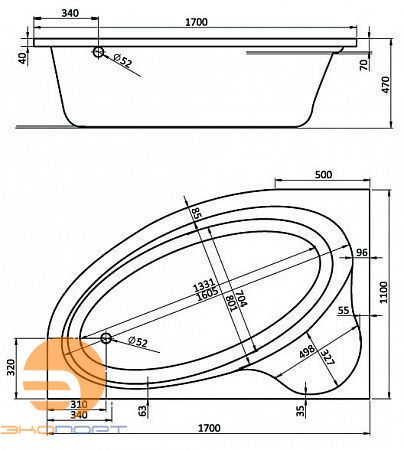 Ванна ЭДЕРА ассиметричная 170*110, Белая, Лев. Santek