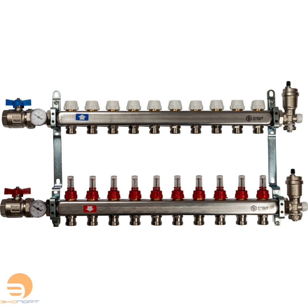 Коллектор в комплекте (краны и авт. воздухоотводчики) 10 вых с расходомерами Stout