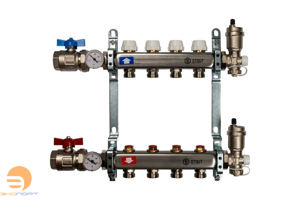 Коллектор в комплекте (краны и авт. воздухоотводчики) 4 вых с вент вставками Stout