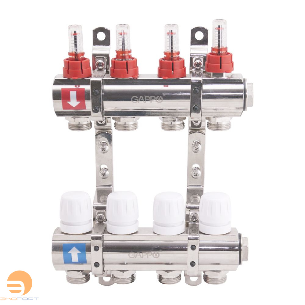 Коллектор из латуни с расходомерами  (4 вых), Gappo