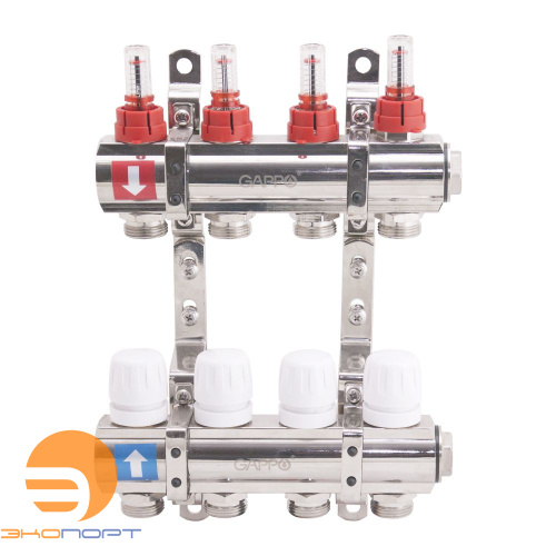 Коллектор из латуни с расходомерами  (4 вых), Gappo