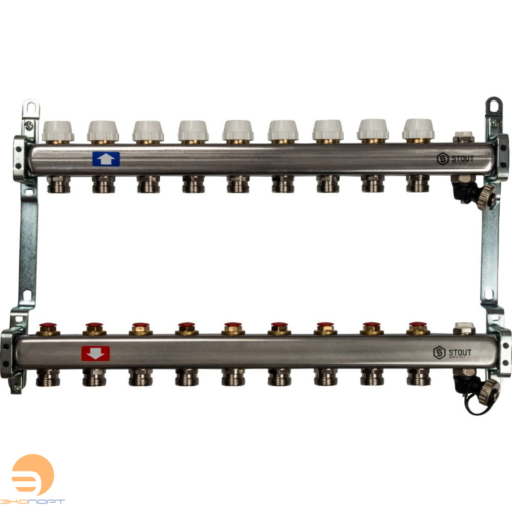 Коллектор  9 вых с вент вставками (сливные краны, воздухоотводчик, без заглушек) Stout