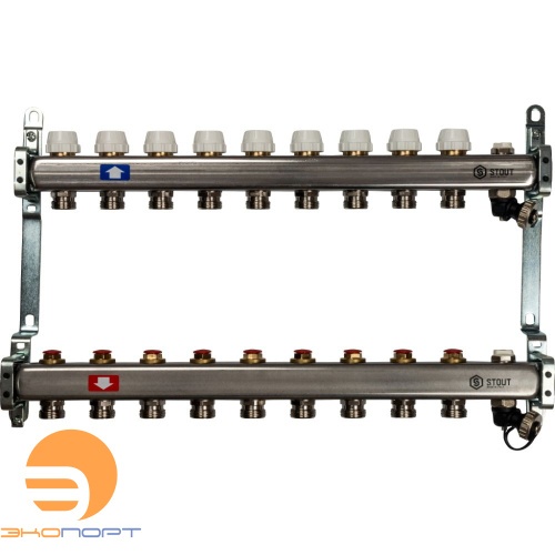Коллектор  9 вых с вент вставками (сливные краны, воздухоотводчик, без заглушек) Stout